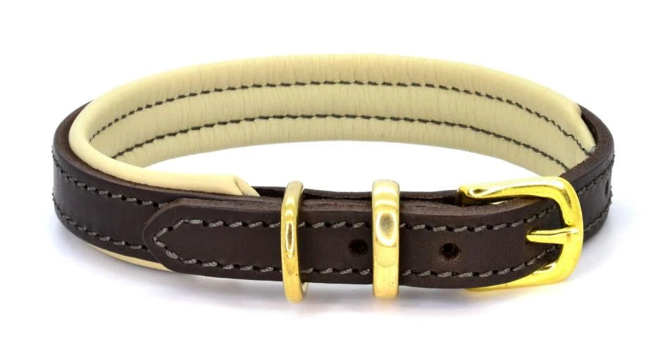 Dogs & Horses - Padded Leather Dog Collar - Brown & Cream