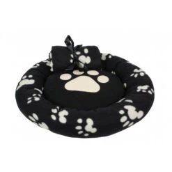 Dream Paws Bed 55x55cm & Blanket 80x80cm Bundle Set Black Fleece Pawprint
