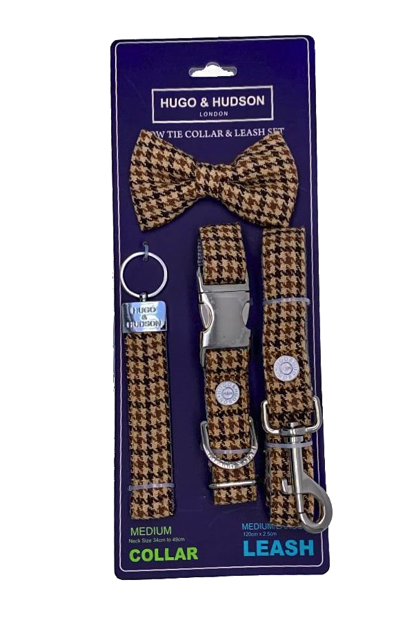 Hugo & Hudson - Navy And Brown Houndstooth Dog Accessory Set